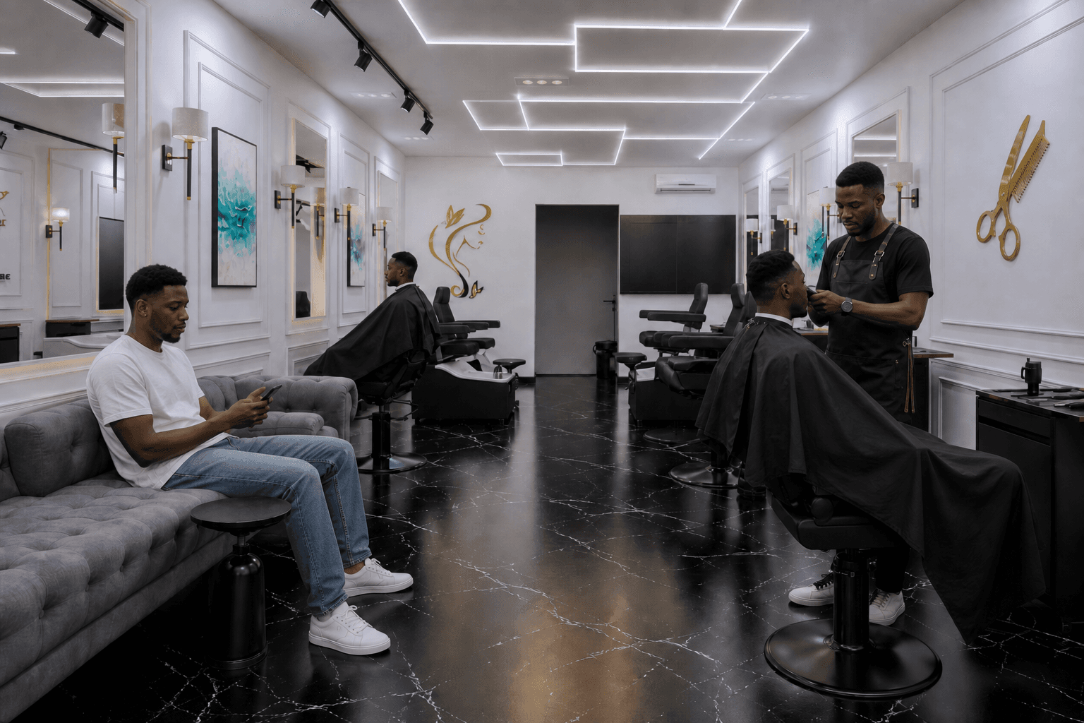 Barbers et clients au salon MAC NATION, Nord Foire